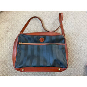 Fendi Pequin Vintage Travel Duffle Bag Canvas Leather Black Brown